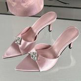 CRYSTAL Diamond Slippers Pointed Toe Shoes Thin Heels Banquet Slides Sandals