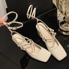 genuine leather ankle strap sandals square toe 8cm thick high heel pumps elegant