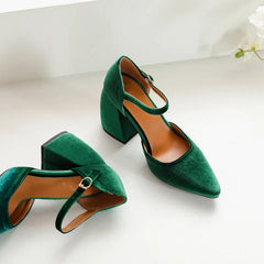 Elegant Velvet High Heels Shoes Ankle Straps Black Green Heeled Pointy Party Shoe Dress Pumps 45