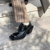 Square Toe Lace Up Japanese Style Thick Heel Heightening High Heels Personalized Patent Leather Solid Color Shoes