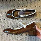 Japanned Leather Mary Janes Woman Color Block High Heels Shoes Belt Buckle Tacones Wedges Chunky Heeled Escarpins Mujer