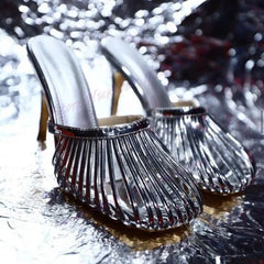 Silver Round Toe Slippers Cut Heels Patent Leather Shoes