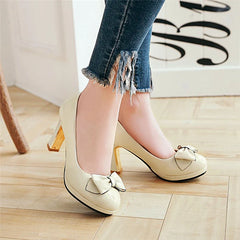 Round Toe Platform Thick High Heels Bow Shallow Wedding Shoes Black Beige 43