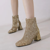 Big Size 48 49 50 Gold Silver Blue Sequined Cloth Glitter Shoes Chunky High Heels Bling Party Ankle Chelsea Boots