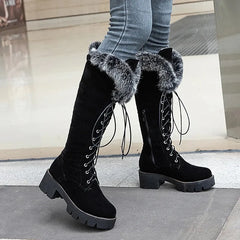 Lace-up Shoes Snow Boots Real Fur Boots Knee High Suede Thick Heel Warm Outdoor with Zip Big Size 43