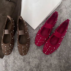 Retro Rivet Ballet Flats Suede Round Toe Mary Jane Shoes Comfort Shallow Flats Shoes Zapatos De Mujer