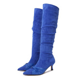 High Heels long boots shoes pointed toe leather bowknot flock knee high botas mujer 41-43 big size booties