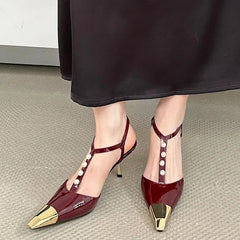 Metal Pointed Toe Thin High Heels T-Strap Pearl Elegant Party Pumps Sandals