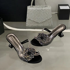 Outdoor Party Crystal Flower Slipper Transparent Sandal Rhinestone Low Heels Mules Slide Shoes Zapatos Mujer