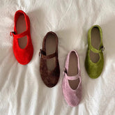 Leather Mary Janes Flats Shoes Cow Suede Buckle Strap Ballet Flats Shoes Shallow Soft Casual Loafers