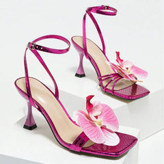 Flowers Square Toe Open Toe High Heel Brand Design Narrow Band Party Thin High Sandals Stripper Shoes
