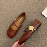 Leather Shallow Soft Sole Casual Mary Jane Shoes French Metal Buckle Flat Shoes