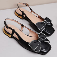 genuine leather slingback slip-on flats sandals square toe sweet bowtie korean style flats sandalias shoes