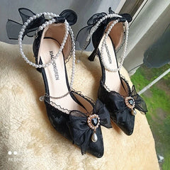 Elegant Woman Heels Lolita Y2k Mary Jane Shoes Black Heart Pearl Shoes Sandals