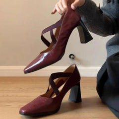 Comfortable Cross-tied Chunky Heel Pumps Elegant Square Toe Shallow Mouth Sandals Office Brand Shoes Tacones Mujer