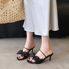 Butterfly-Knot Thin Heels Sandals Shoes Round Toe Footwear Elegant Heeled Sandals Slides Shoes