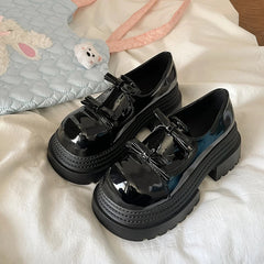 Womens Loafers Shoes Slip-on Bow-Knot Clogs Platform Black Flats Oxfords Slip On On Heels Butterfly Creepers Leather