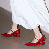Red Heel Mary Jane Shoes Pointed Toe Style Buckle Leather Shoes Black Party