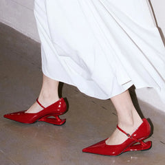 Red Heel Mary Jane Shoes Pointed Toe Style Buckle Leather Shoes Black Party