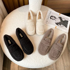Plus Size 34-43 Wool Shoes Warm Cotton Loafers Femmes Lambswool Moccasins Slip On Round Toe Sheep Fur Flats