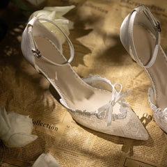and pointed hollow lace bow low-heeled wedding shoes thin high-heeled banquet dress small size sandals