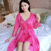 Silk Satin Lace Lingerie Robes Sleepwear 2 Pieces Night Dress