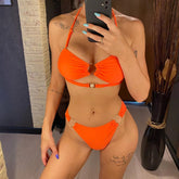 Trendy Halter Bandeau Hollow Out Bikini Set Beachwear