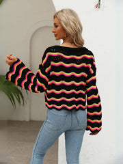 Reba Knit Striped Scalloped Hem Top - Black