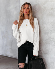 BRAIDED SLEEVE KNIT SWEATER - WHITE