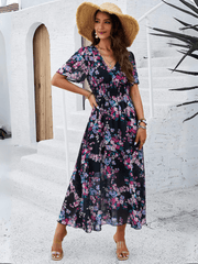 Garden Party Short Sleeve Chiffon Midi Dress - Black