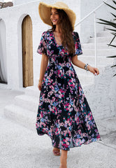 Garden Party Short Sleeve Chiffon Midi Dress - Black