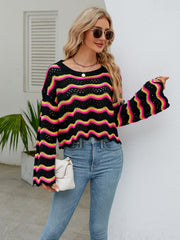 Reba Knit Striped Scalloped Hem Top - Black