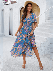 Garden Party Short Sleeve Chiffon Midi Dress - Blue