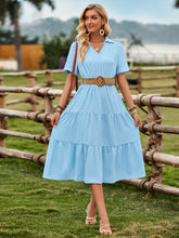 Celie Poplin Collared Tie Waist Midi Dress - Blue