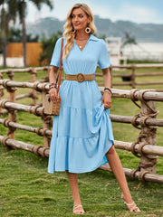 Celie Poplin Collared Tie Waist Midi Dress - Blue