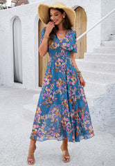 Garden Party Short Sleeve Chiffon Midi Dress - Blue
