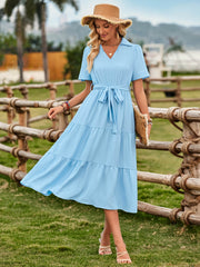Celie Poplin Collared Tie Waist Midi Dress - Blue