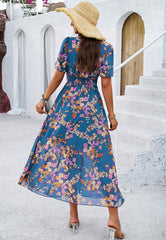 Garden Party Short Sleeve Chiffon Midi Dress - Blue