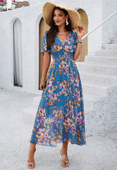 Garden Party Short Sleeve Chiffon Midi Dress - Blue