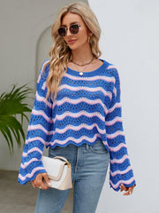 Reba Knit Striped Scalloped Hem Top - Blue