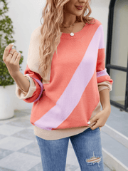 Leia Diagonal Strip Colorblock Sweater - Coral