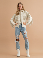 SEQUIN TASSEL WING RETRO DENIM JACKET - ECRU