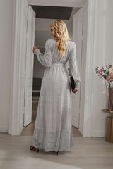 LEANDRA FRONT SPLIT SHIMMER MAXI DRESS - GREY