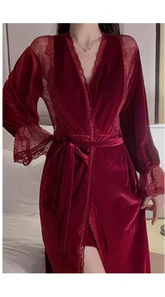 Velvet Lace Splicing Pajamas Night Suit Robe Nightgown