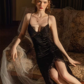 Lace Trim Suspender Velvet Loose Home Dress Long Wear Nightgown