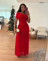 Elegant One Shoulder Sleeveless Ruched Bodycon Maxi Dress