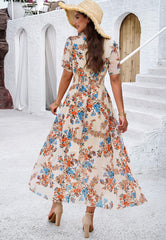 Garden Party Short Sleeve Chiffon Midi Dress - Khaki