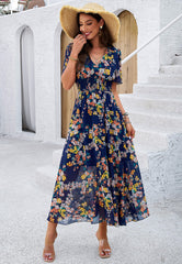 Garden Party Short Sleeve Chiffon Midi Dress - Navy
