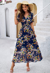 Garden Party Short Sleeve Chiffon Midi Dress - Navy