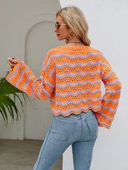 Reba Knit Striped Scalloped Hem Top - Orange